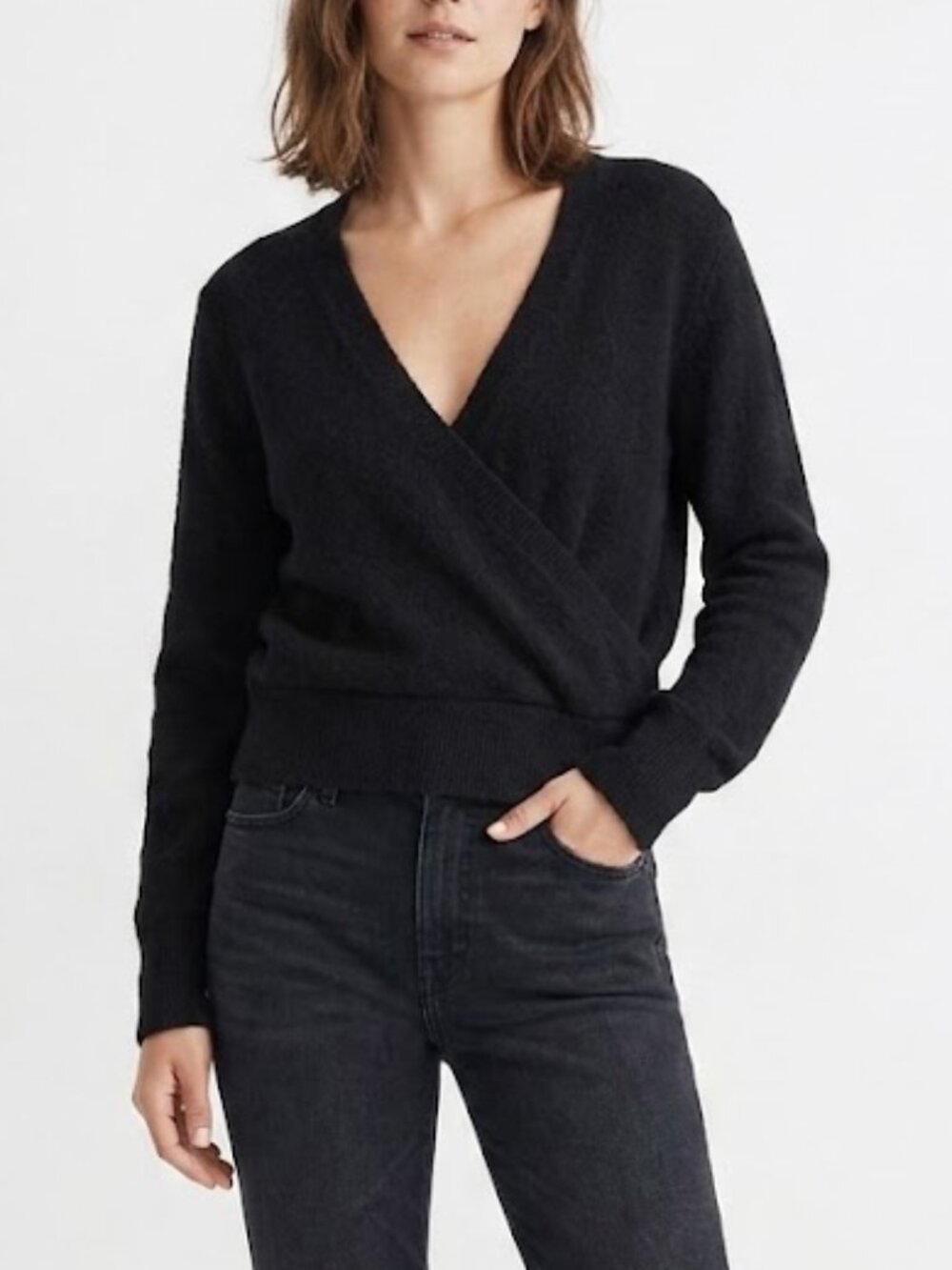 Madewell Wrap Front Pullover Sweater Coziest Yarn Black Size L